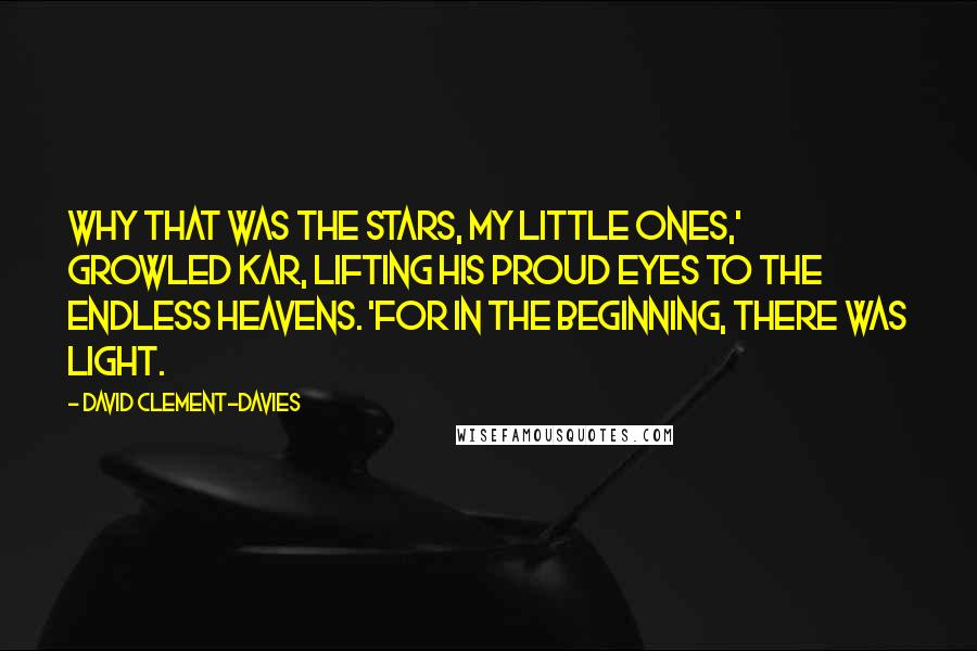 David Clement-Davies Quotes: Why that was the stars, my little ones,' growled Kar, lifting his proud eyes to the endless heavens. 'For in the beginning, there was light.