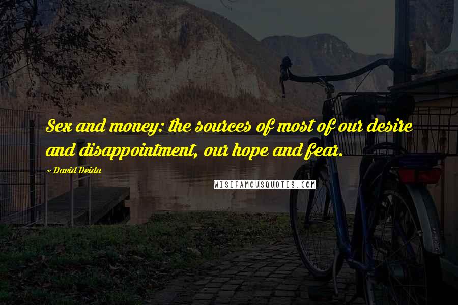 David Deida Quotes: Sex and money: the sources of most of our desire and disappointment, our hope and fear.