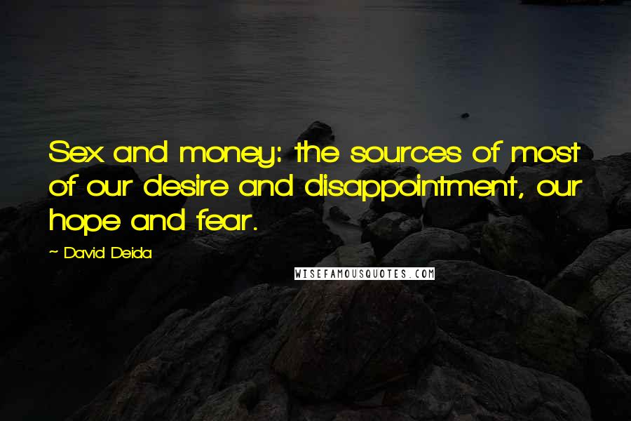 David Deida Quotes: Sex and money: the sources of most of our desire and disappointment, our hope and fear.