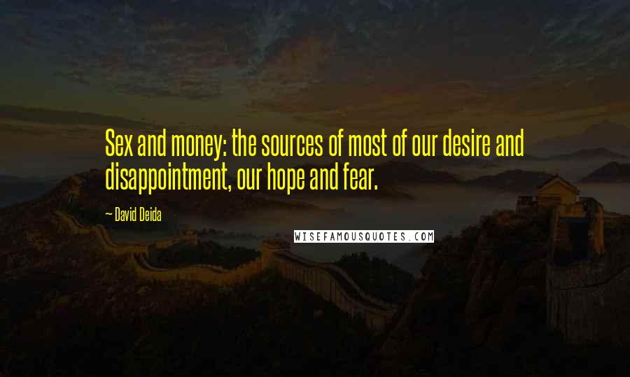 David Deida Quotes: Sex and money: the sources of most of our desire and disappointment, our hope and fear.