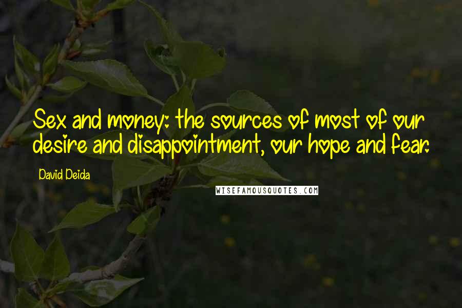 David Deida Quotes: Sex and money: the sources of most of our desire and disappointment, our hope and fear.