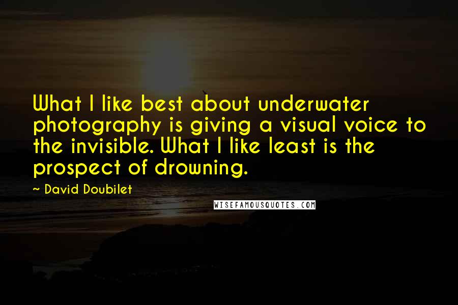 David Doubilet Quotes: What I like best about underwater photography is giving a visual voice to the invisible. What I like least is the prospect of drowning.