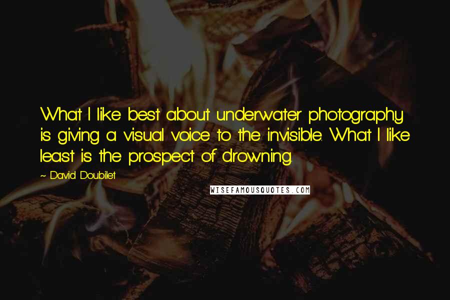 David Doubilet Quotes: What I like best about underwater photography is giving a visual voice to the invisible. What I like least is the prospect of drowning.