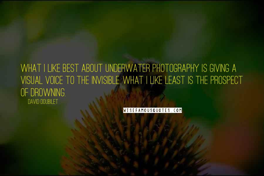 David Doubilet Quotes: What I like best about underwater photography is giving a visual voice to the invisible. What I like least is the prospect of drowning.