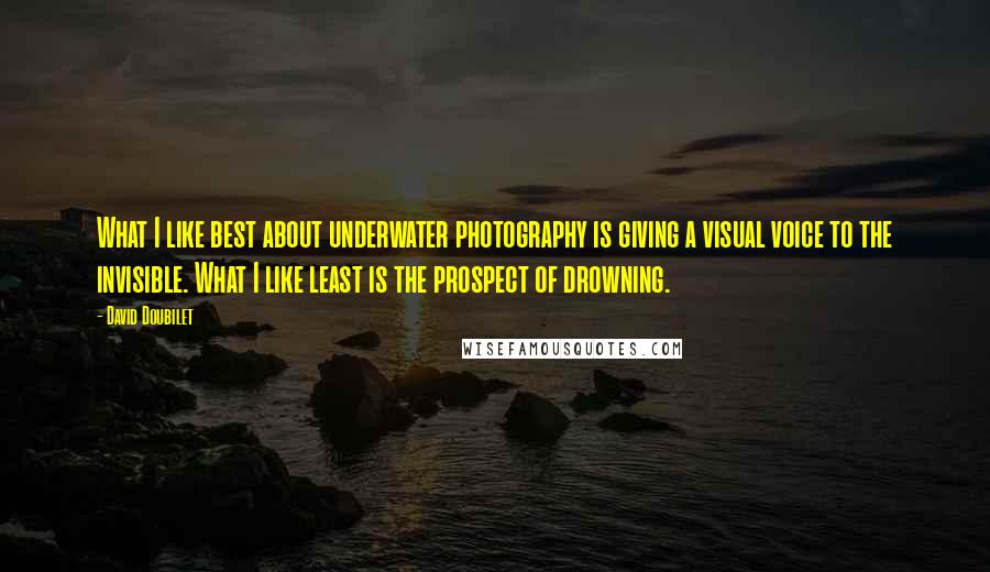 David Doubilet Quotes: What I like best about underwater photography is giving a visual voice to the invisible. What I like least is the prospect of drowning.