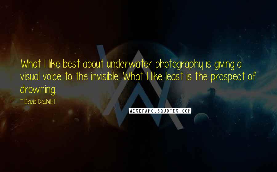 David Doubilet Quotes: What I like best about underwater photography is giving a visual voice to the invisible. What I like least is the prospect of drowning.