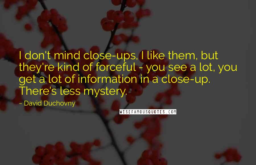 David Duchovny Quotes: I don't mind close-ups, I like them, but they're kind of forceful - you see a lot, you get a lot of information in a close-up. There's less mystery.