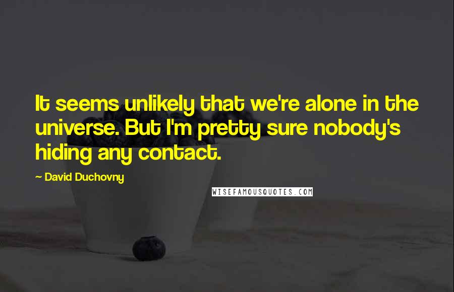 David Duchovny Quotes: It seems unlikely that we're alone in the universe. But I'm pretty sure nobody's hiding any contact.