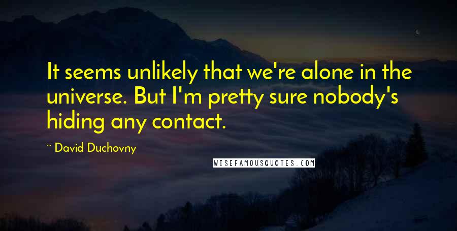 David Duchovny Quotes: It seems unlikely that we're alone in the universe. But I'm pretty sure nobody's hiding any contact.