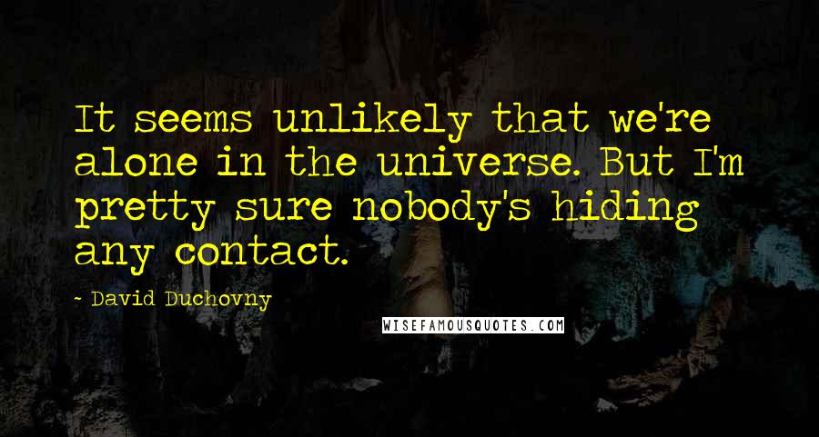 David Duchovny Quotes: It seems unlikely that we're alone in the universe. But I'm pretty sure nobody's hiding any contact.