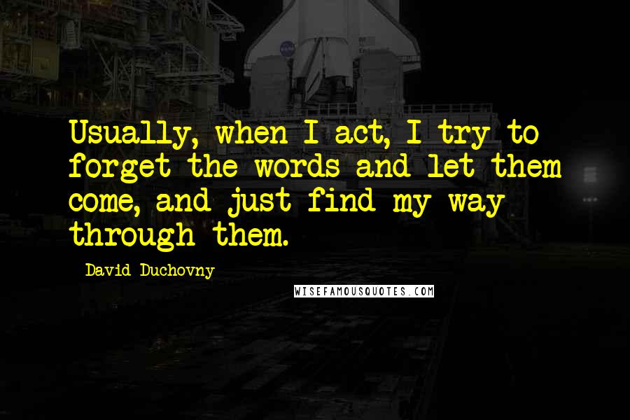 David Duchovny Quotes: Usually, when I act, I try to forget the words and let them come, and just find my way through them.