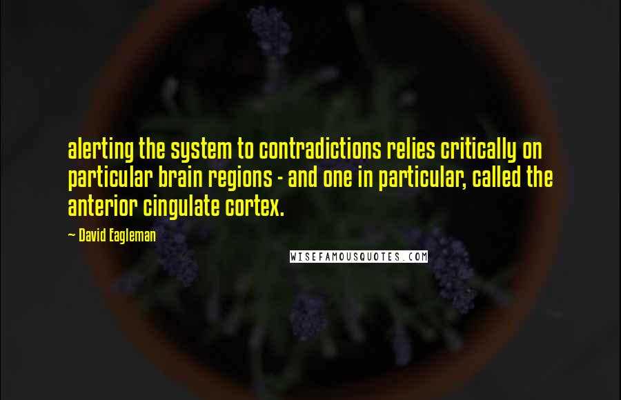 David Eagleman Quotes: alerting the system to contradictions relies critically on particular brain regions - and one in particular, called the anterior cingulate cortex.