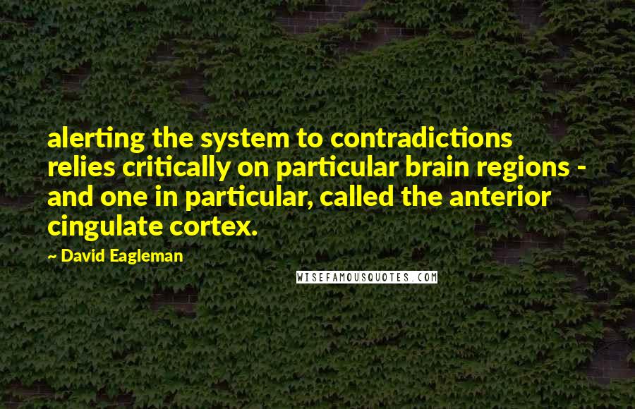 David Eagleman Quotes: alerting the system to contradictions relies critically on particular brain regions - and one in particular, called the anterior cingulate cortex.