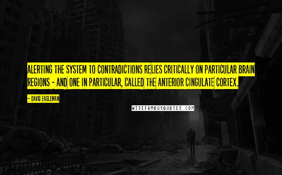 David Eagleman Quotes: alerting the system to contradictions relies critically on particular brain regions - and one in particular, called the anterior cingulate cortex.