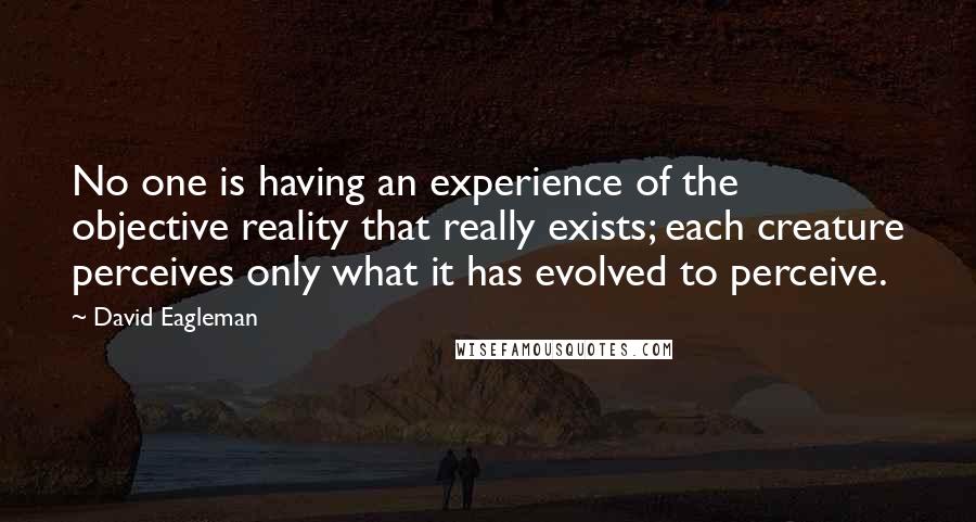 David Eagleman Quotes: No one is having an experience of the objective reality that really exists; each creature perceives only what it has evolved to perceive.