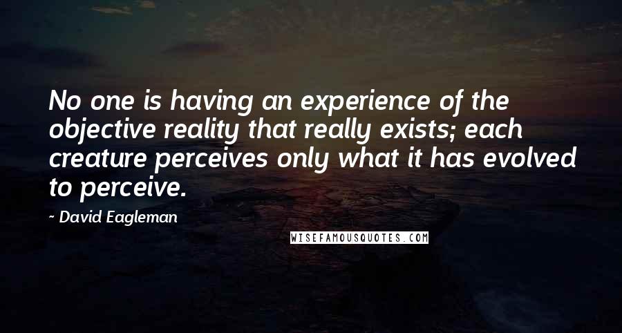 David Eagleman Quotes: No one is having an experience of the objective reality that really exists; each creature perceives only what it has evolved to perceive.