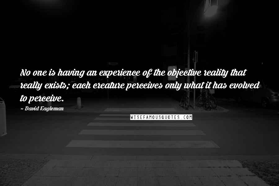 David Eagleman Quotes: No one is having an experience of the objective reality that really exists; each creature perceives only what it has evolved to perceive.