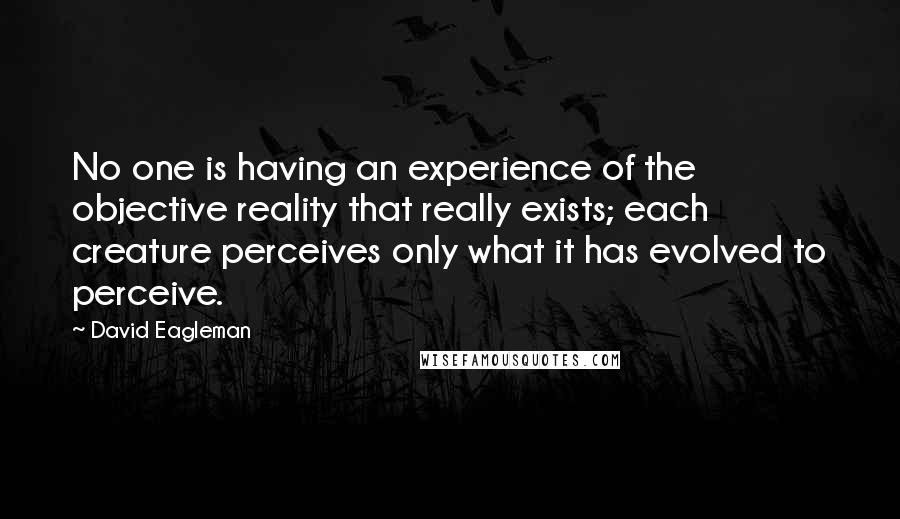 David Eagleman Quotes: No one is having an experience of the objective reality that really exists; each creature perceives only what it has evolved to perceive.