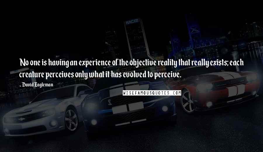 David Eagleman Quotes: No one is having an experience of the objective reality that really exists; each creature perceives only what it has evolved to perceive.