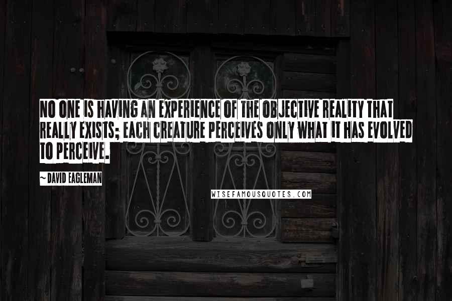 David Eagleman Quotes: No one is having an experience of the objective reality that really exists; each creature perceives only what it has evolved to perceive.