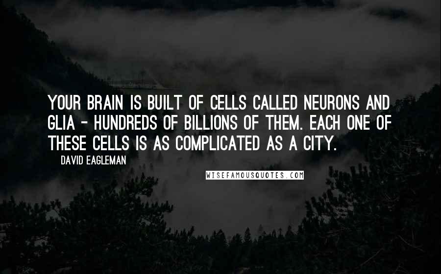 David Eagleman Quotes: Your brain is built of cells called neurons and glia - hundreds of billions of them. Each one of these cells is as complicated as a city.