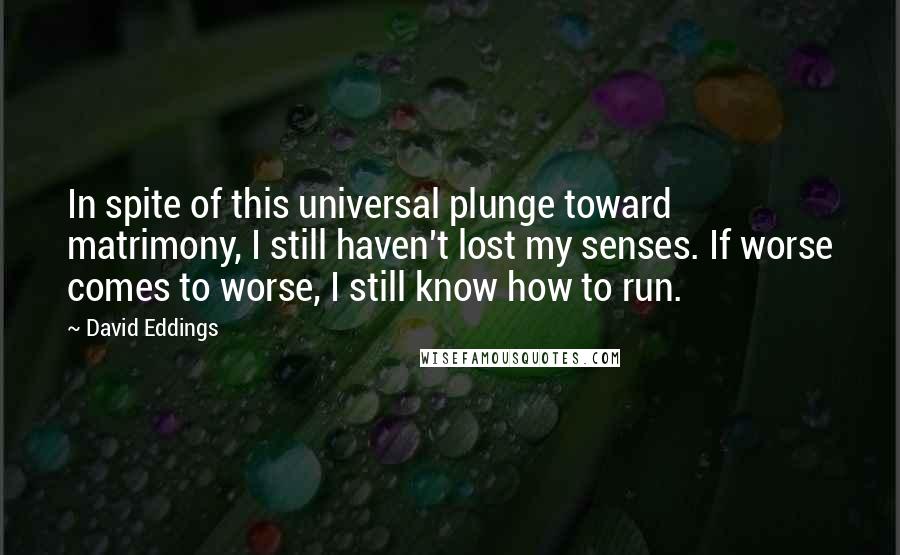 David Eddings Quotes: In spite of this universal plunge toward matrimony, I still haven't lost my senses. If worse comes to worse, I still know how to run.