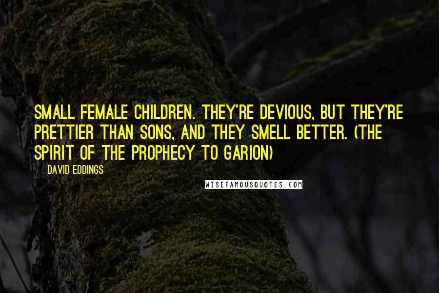 David Eddings Quotes: Small female children. They're devious, but they're prettier than sons, and they smell better. (The Spirit of the Prophecy to Garion)