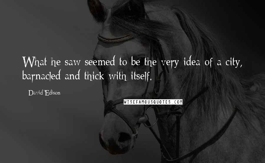 David Edison Quotes: What he saw seemed to be the very idea of a city, barnacled and thick with itself.