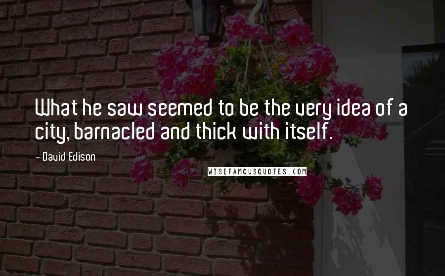 David Edison Quotes: What he saw seemed to be the very idea of a city, barnacled and thick with itself.