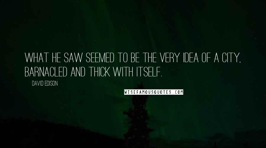 David Edison Quotes: What he saw seemed to be the very idea of a city, barnacled and thick with itself.