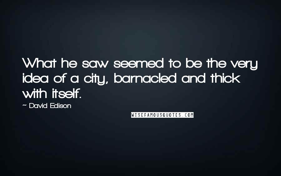 David Edison Quotes: What he saw seemed to be the very idea of a city, barnacled and thick with itself.