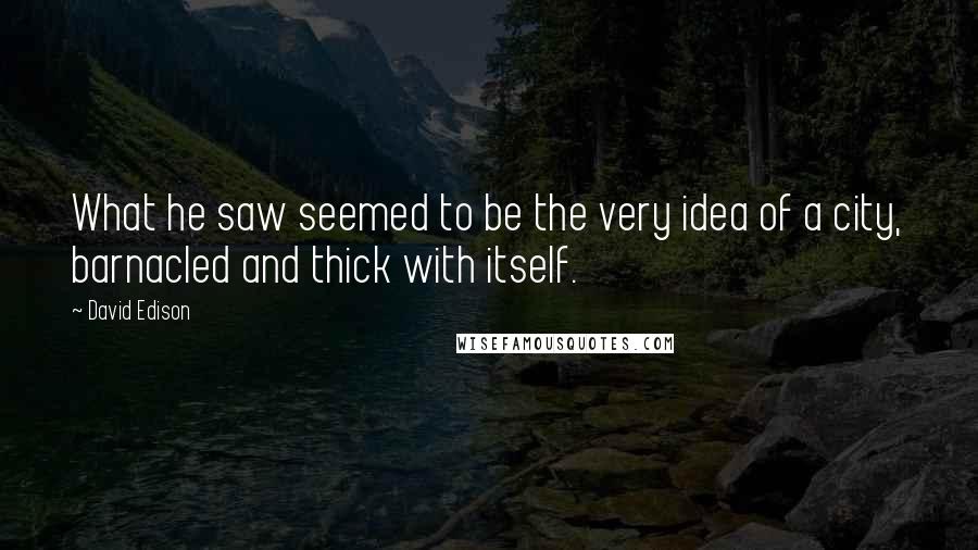 David Edison Quotes: What he saw seemed to be the very idea of a city, barnacled and thick with itself.