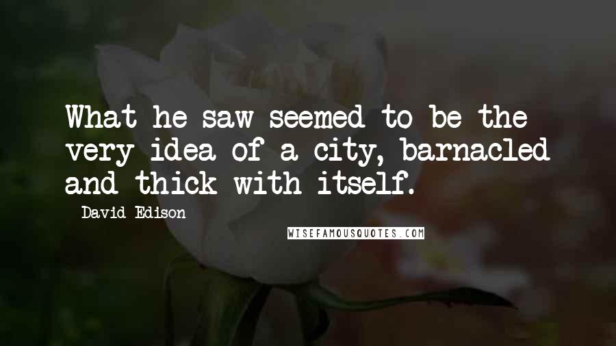 David Edison Quotes: What he saw seemed to be the very idea of a city, barnacled and thick with itself.