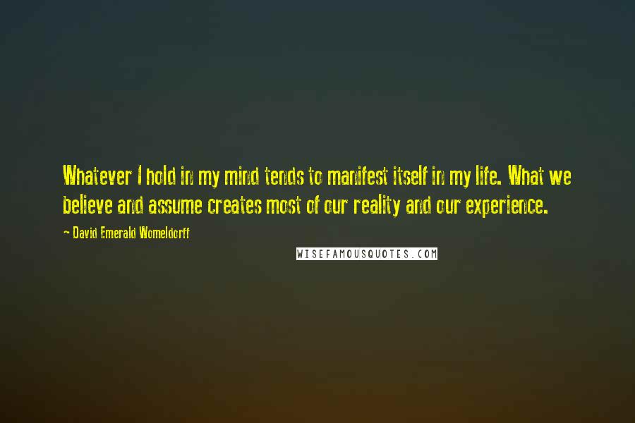 David Emerald Womeldorff Quotes: Whatever I hold in my mind tends to manifest itself in my life. What we believe and assume creates most of our reality and our experience.