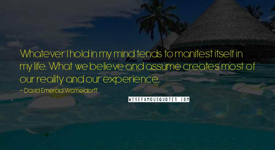 David Emerald Womeldorff Quotes: Whatever I hold in my mind tends to manifest itself in my life. What we believe and assume creates most of our reality and our experience.