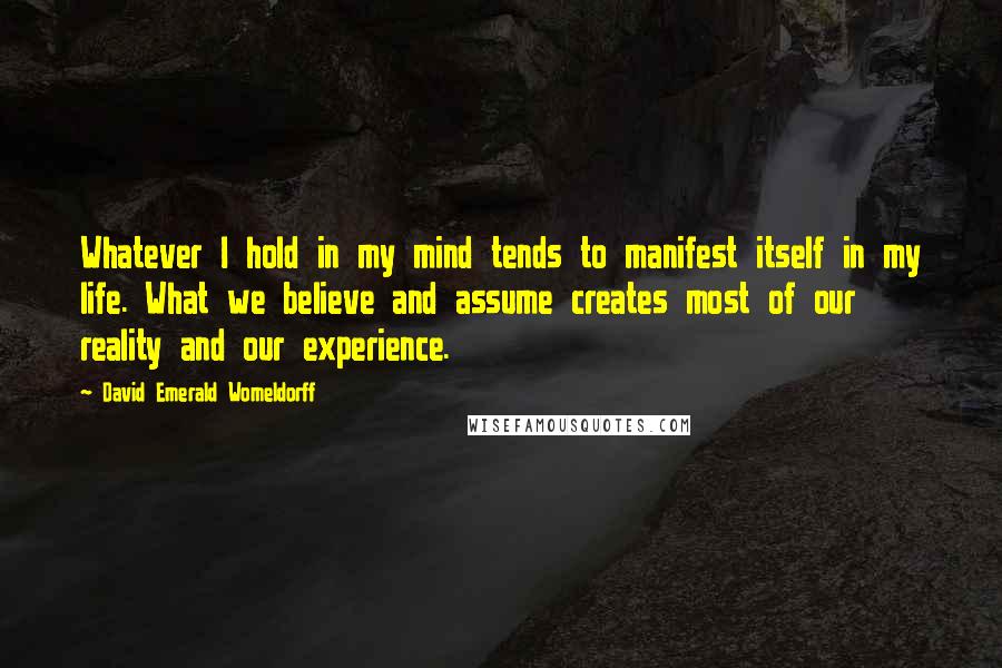 David Emerald Womeldorff Quotes: Whatever I hold in my mind tends to manifest itself in my life. What we believe and assume creates most of our reality and our experience.