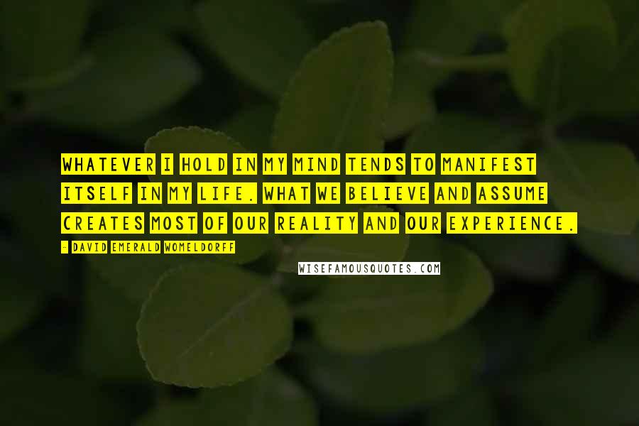 David Emerald Womeldorff Quotes: Whatever I hold in my mind tends to manifest itself in my life. What we believe and assume creates most of our reality and our experience.