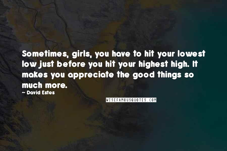 David Estes Quotes: Sometimes, girls, you have to hit your lowest low just before you hit your highest high. It makes you appreciate the good things so much more.