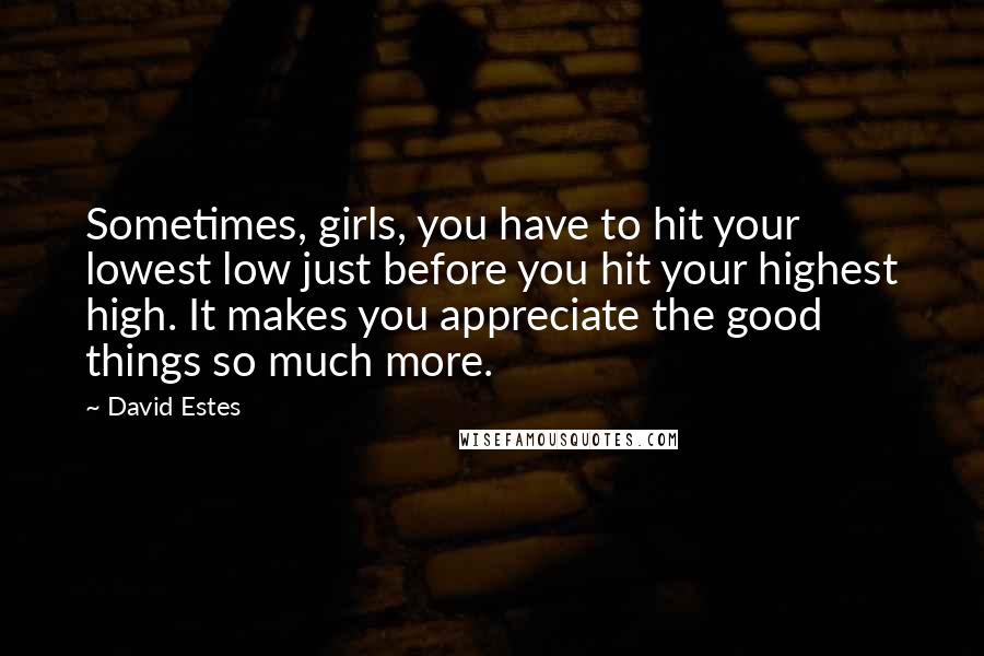 David Estes Quotes: Sometimes, girls, you have to hit your lowest low just before you hit your highest high. It makes you appreciate the good things so much more.