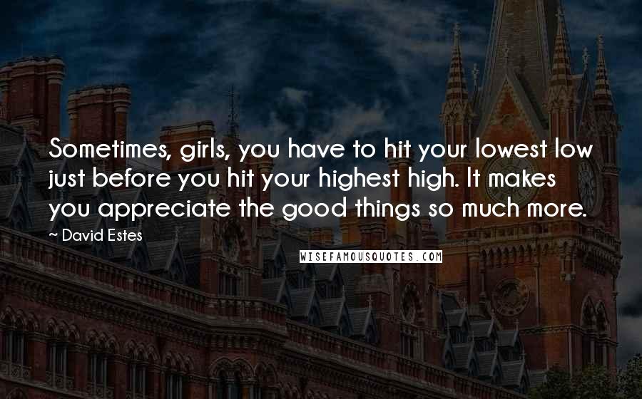 David Estes Quotes: Sometimes, girls, you have to hit your lowest low just before you hit your highest high. It makes you appreciate the good things so much more.