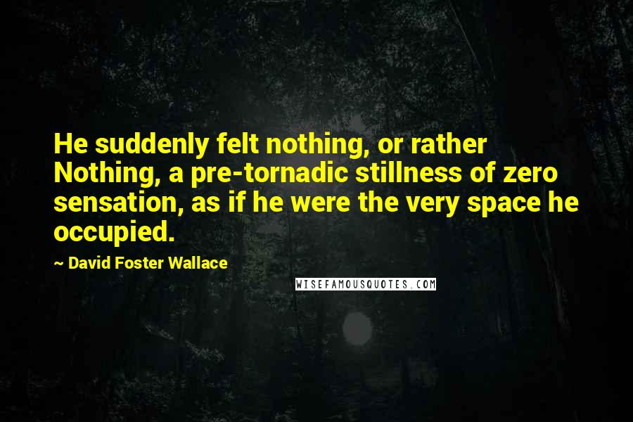 David Foster Wallace Quotes: He suddenly felt nothing, or rather Nothing, a pre-tornadic stillness of zero sensation, as if he were the very space he occupied.