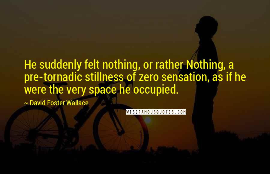 David Foster Wallace Quotes: He suddenly felt nothing, or rather Nothing, a pre-tornadic stillness of zero sensation, as if he were the very space he occupied.