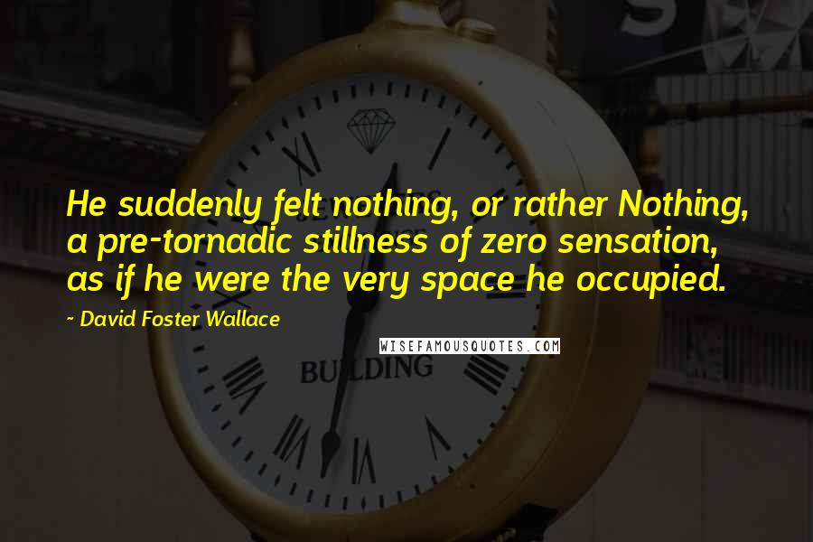 David Foster Wallace Quotes: He suddenly felt nothing, or rather Nothing, a pre-tornadic stillness of zero sensation, as if he were the very space he occupied.