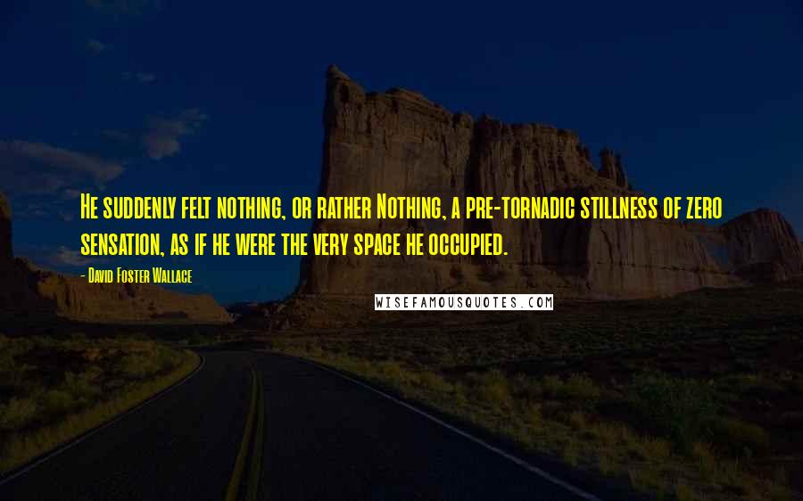 David Foster Wallace Quotes: He suddenly felt nothing, or rather Nothing, a pre-tornadic stillness of zero sensation, as if he were the very space he occupied.