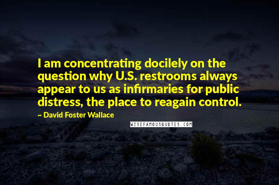 David Foster Wallace Quotes: I am concentrating docilely on the question why U.S. restrooms always appear to us as infirmaries for public distress, the place to reagain control.