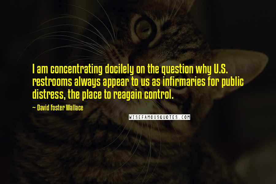David Foster Wallace Quotes: I am concentrating docilely on the question why U.S. restrooms always appear to us as infirmaries for public distress, the place to reagain control.