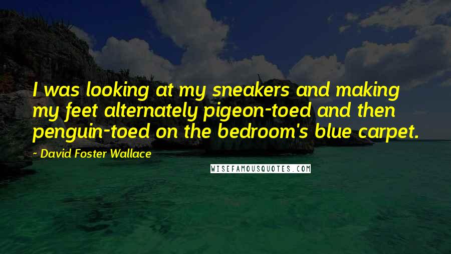 David Foster Wallace Quotes: I was looking at my sneakers and making my feet alternately pigeon-toed and then penguin-toed on the bedroom's blue carpet.