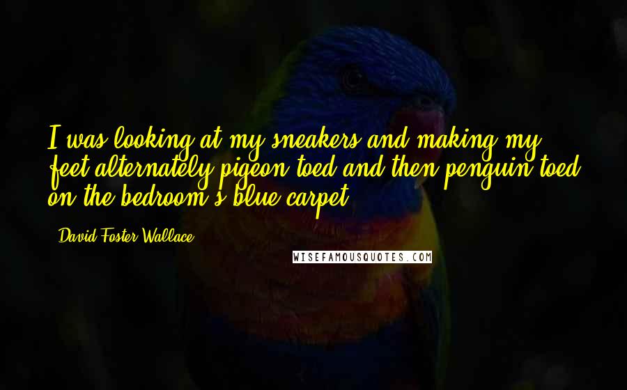 David Foster Wallace Quotes: I was looking at my sneakers and making my feet alternately pigeon-toed and then penguin-toed on the bedroom's blue carpet.