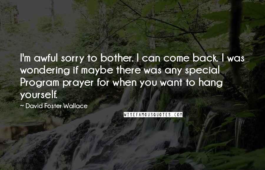 David Foster Wallace Quotes: I'm awful sorry to bother. I can come back. I was wondering if maybe there was any special Program prayer for when you want to hang yourself.