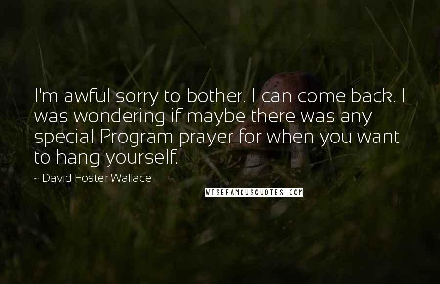 David Foster Wallace Quotes: I'm awful sorry to bother. I can come back. I was wondering if maybe there was any special Program prayer for when you want to hang yourself.
